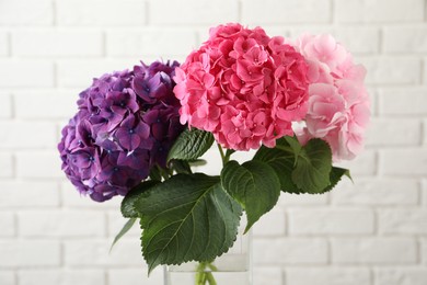 Bouquet with beautiful hortensia flowers near white brick wall Photo of Bouquet with beautiful hortensia flowers near white brick wall