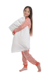 Cute girl wearing pajamas with pillow on white background Photo of Cute girl wearing pajamas with pillow on white background