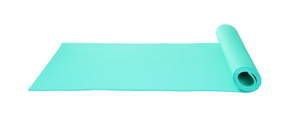 Bright turquoise camping mat isolated on white Photo of Bright turquoise camping mat isolated on white