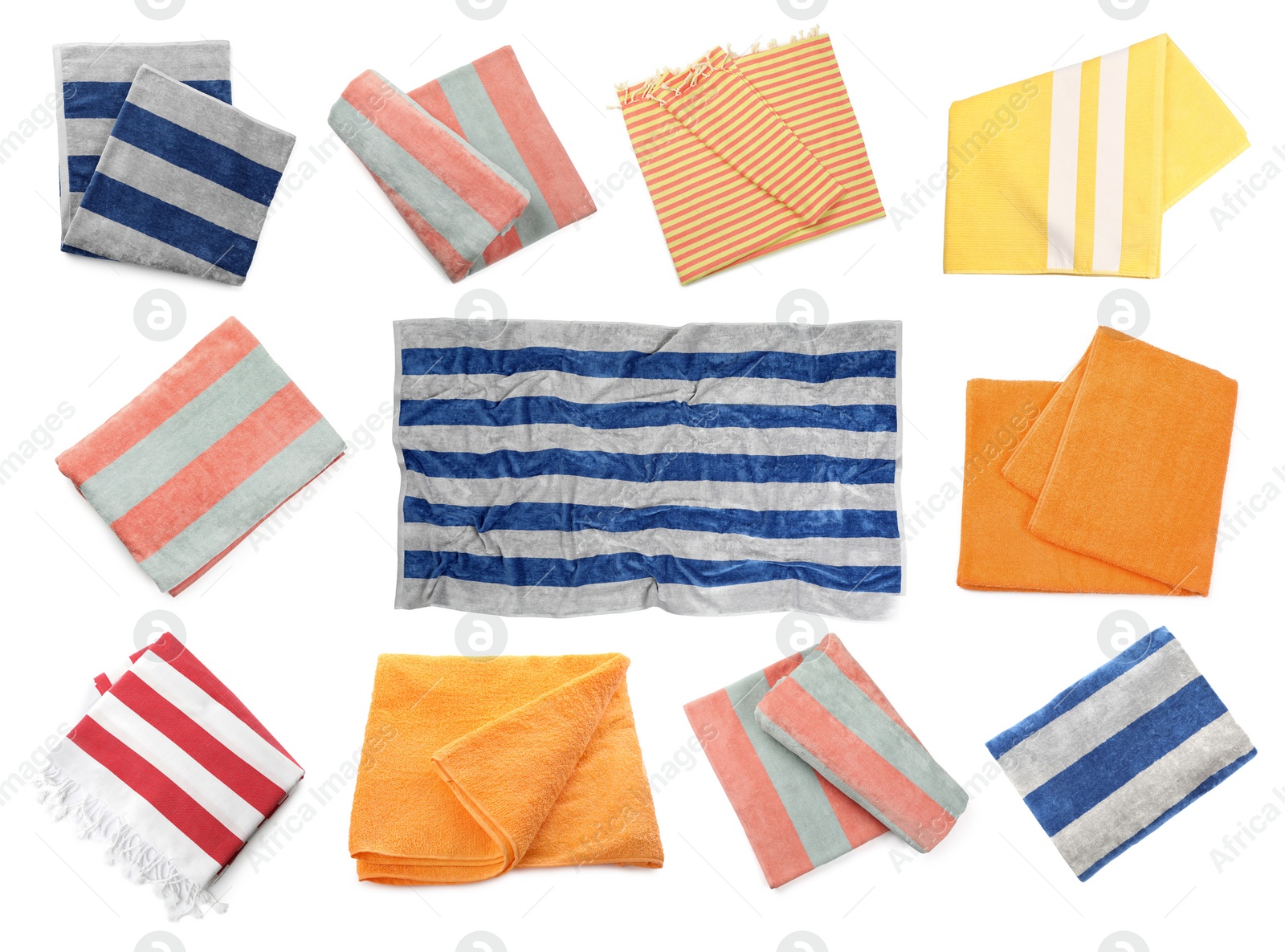Set with different beach towels on white background Image of Set with different beach towels on white background