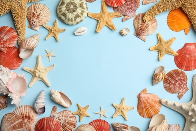 Frame of beautiful sea stars and shells on light blue background, flat lay. Space for text Photo of Frame of beautiful sea stars and shells on light blue background, flat lay. Space for text