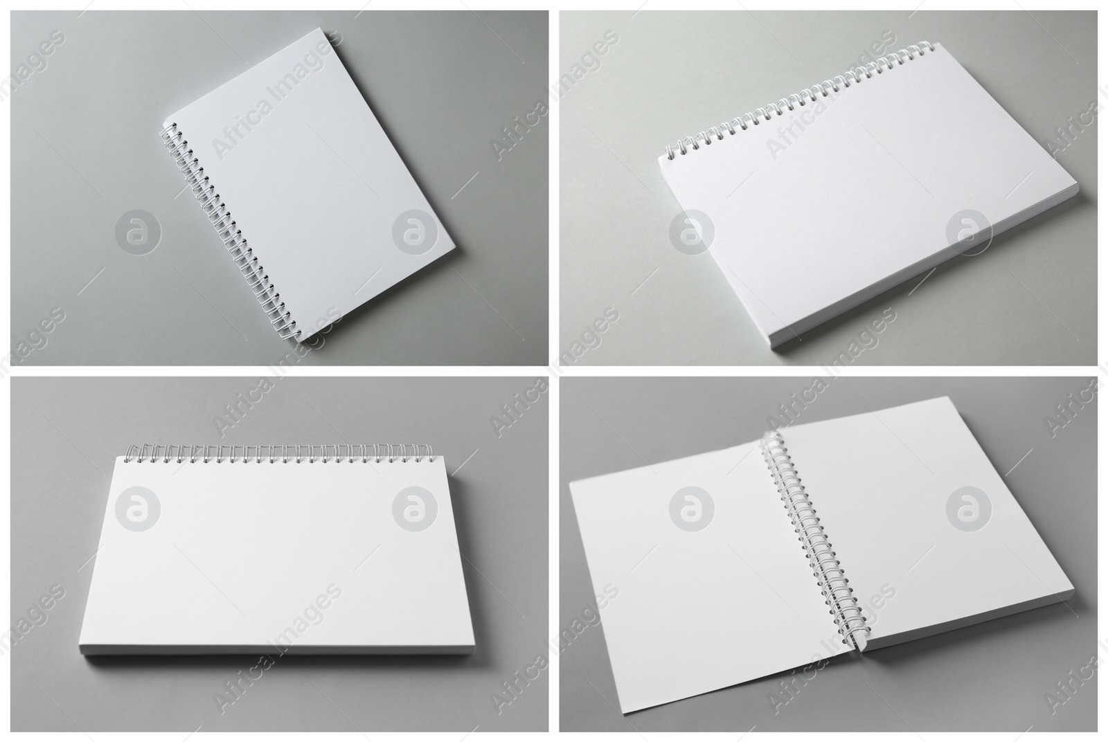 Open blank brochures on grey background, collage Image of Open blank brochures on grey background, collage