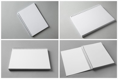 Open blank brochures on grey background, collage Image of Open blank brochures on grey background, collage