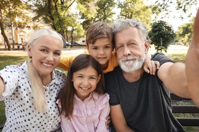 Happy grandparents with little children taking selfie in park Photo of Happy grandparents with little children taking selfie in park