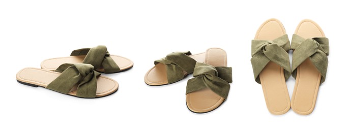 Stylish flip flops on white background, collage. Banner design Image of Stylish flip flops on white background, collage. Banner design