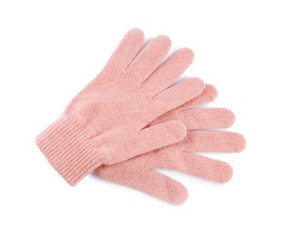 Photo of Pink woolen gloves on white background, top view. Winter clothes