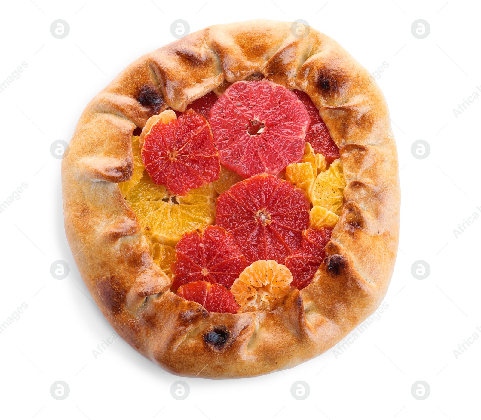 Delicious galette with citrus fruits isolated on white, top view Photo of Delicious galette with citrus fruits isolated on white, top view