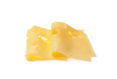 Slices of delicious cheese isolated on white Photo of Slices of delicious cheese isolated on white