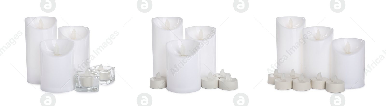 Set with decorative flameless LED candles on white background. Banner design Image of Set with decorative flameless LED candles on white background. Banner design