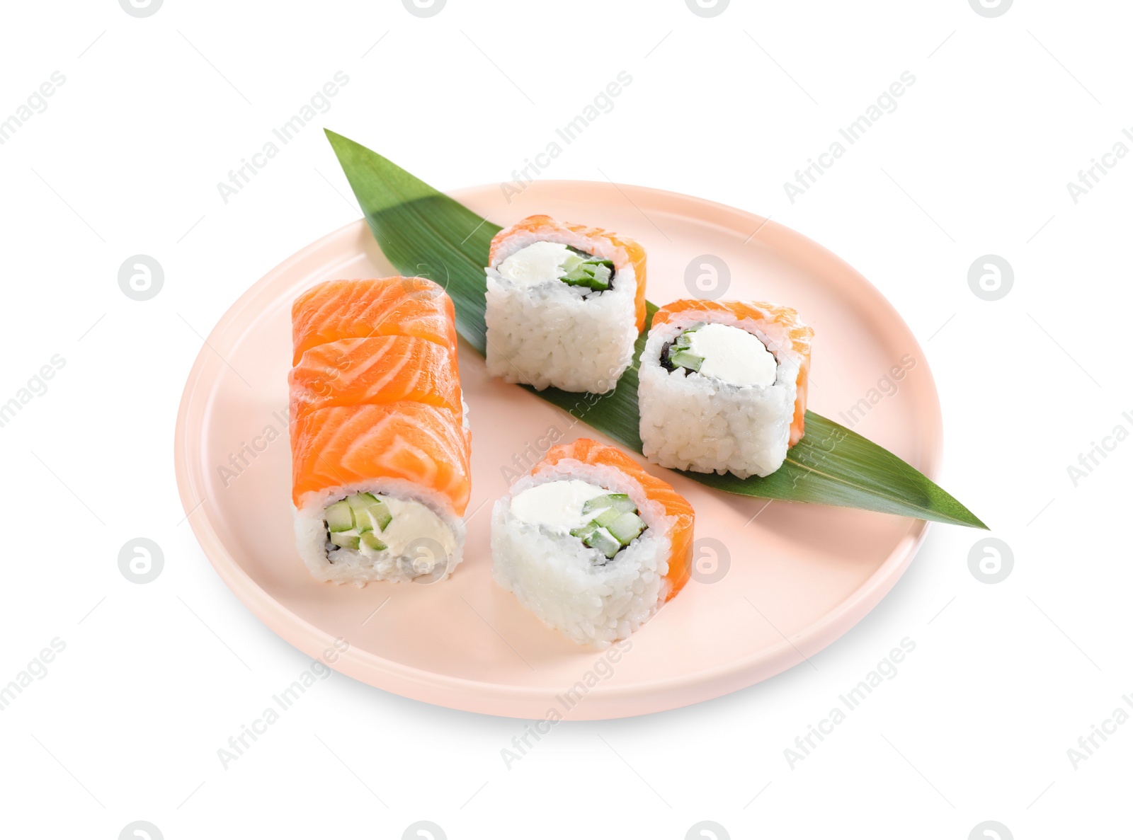 Tasty sushi rolls with green leaf on white background Photo of Tasty sushi rolls with green leaf on white background