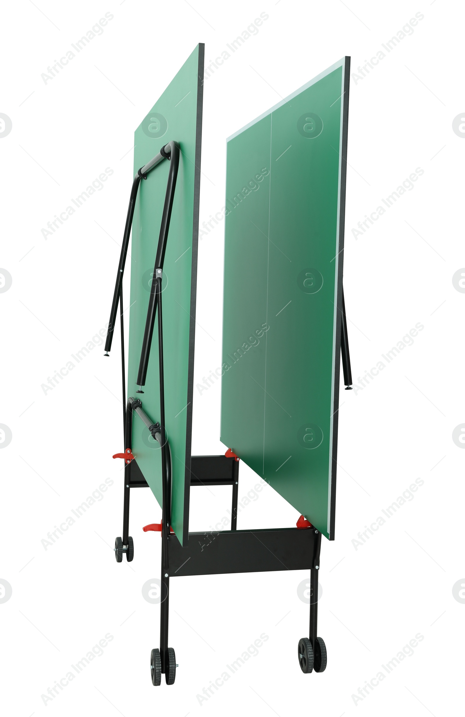 Image of Folded green ping pong table isolated on white