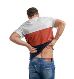Young man suffering from back pain on white background Photo of Young man suffering from back pain on white background