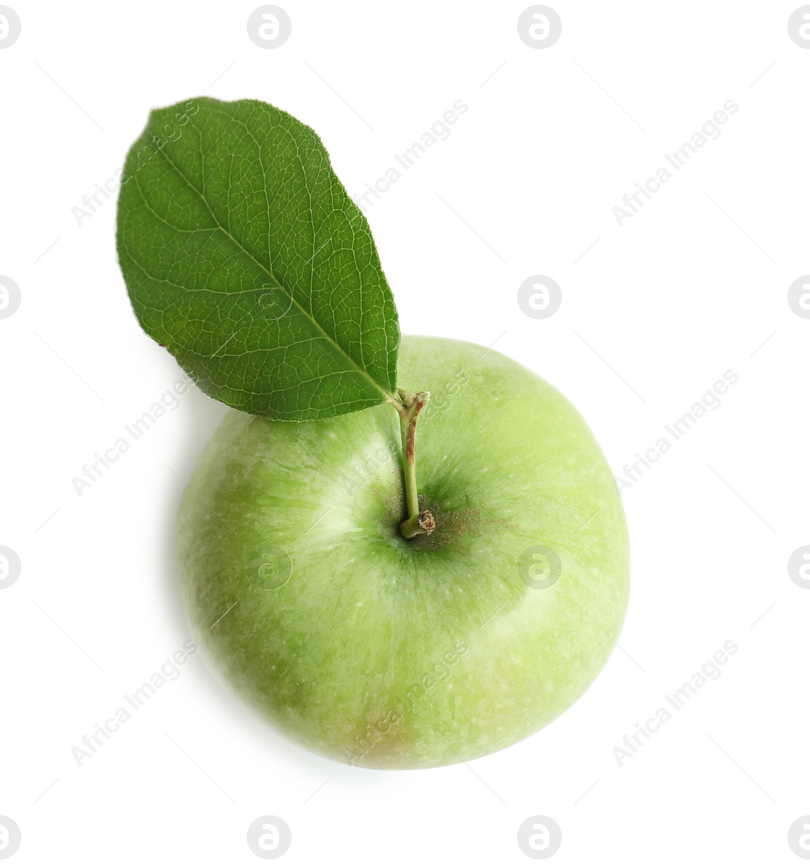 Fresh green apple with leaf on white background Photo of Fresh green apple with leaf on white background
