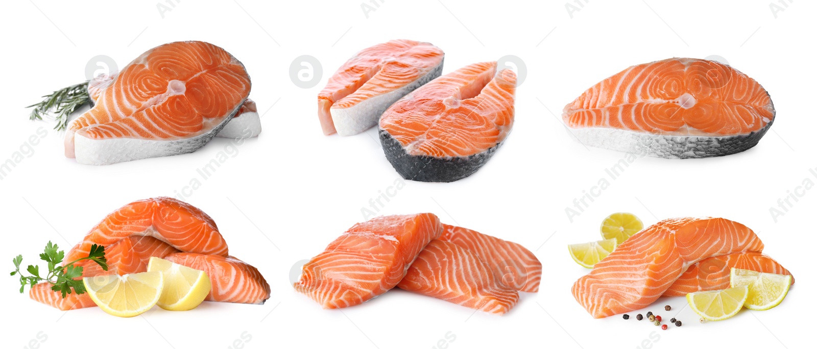Set of fresh raw salmon on white background. Fish delicacy Image of Set of fresh raw salmon on white background. Fish delicacy