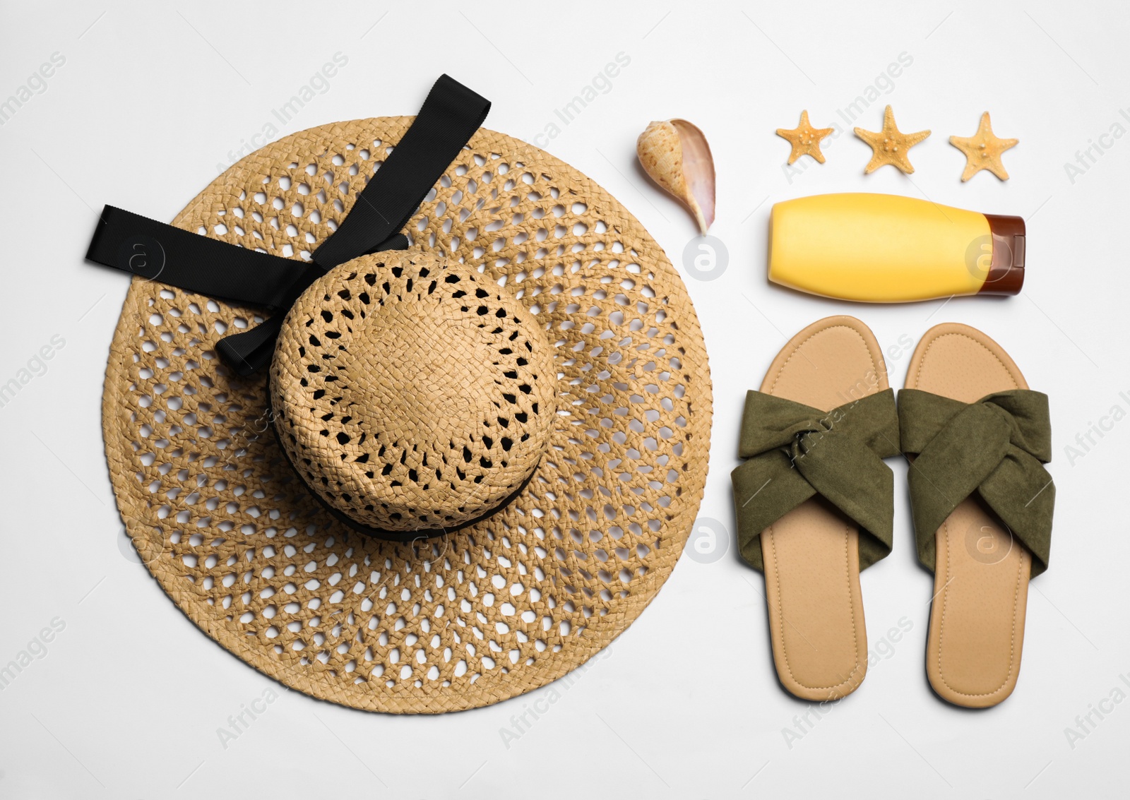 Flat lay composition with beach objects on white background Photo of Flat lay composition with beach objects on white background