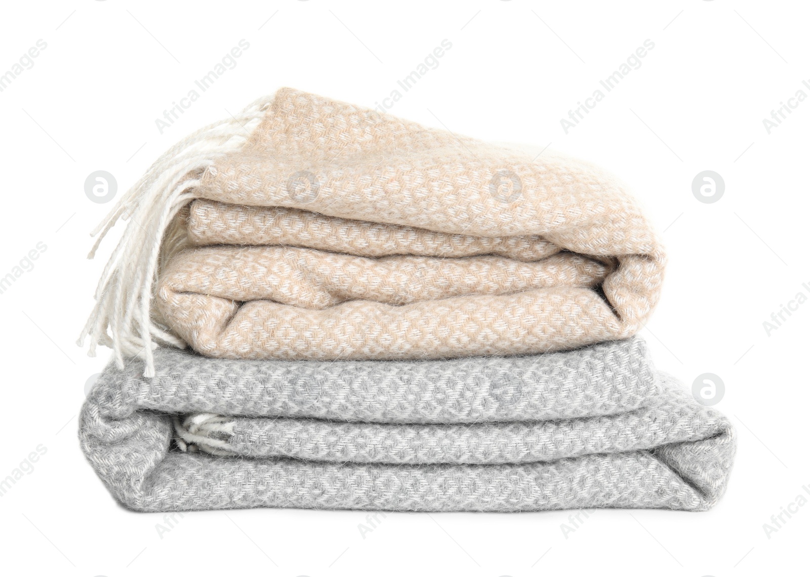 Different stylish soft plaids on white background Photo of Different stylish soft plaids on white background