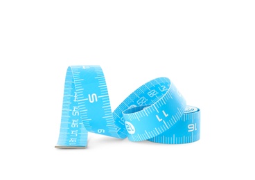Light blue measuring tape isolated on white Photo of Light blue measuring tape isolated on white