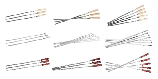 Set with metal skewers on white background. Banner design Image of Set with metal skewers on white background. Banner design