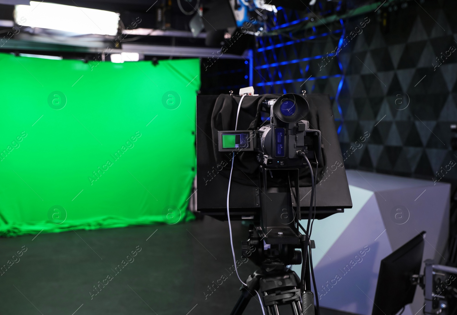 Modern video recording studio with professional equipment, focus on camera Photo of Modern video recording studio with professional equipment, focus on camera