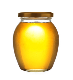 Jar with organic honey isolated on white Photo of Jar with organic honey isolated on white