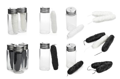 Set with rolls of natural dental floss on white background Image of Set with rolls of natural dental floss on white background