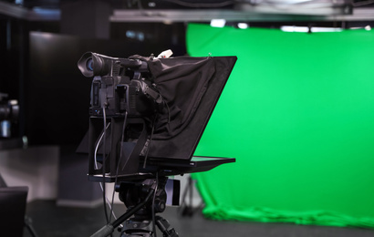 Modern video recording studio with professional equipment, focus on camera Photo of Modern video recording studio with professional equipment, focus on camera