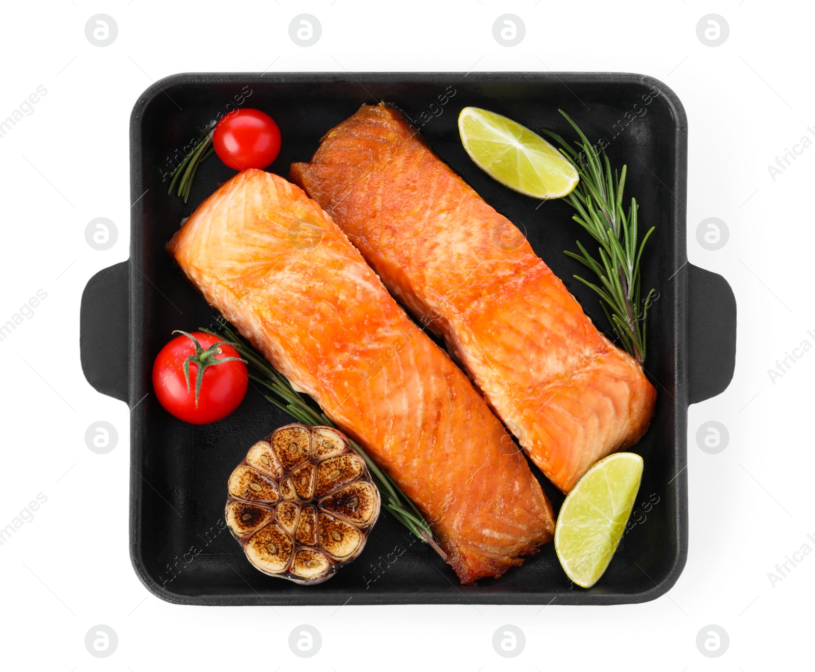 Photo of Delicious roasted fish isolated on white, top view