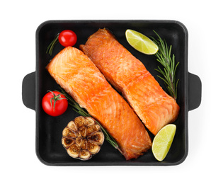 Delicious roasted fish isolated on white, top view Photo of Delicious roasted fish isolated on white, top view