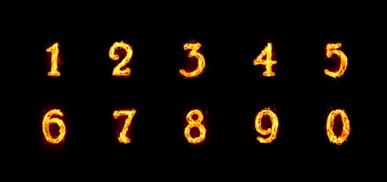 Set of flaming numbers on black background Image of Set of flaming numbers on black background
