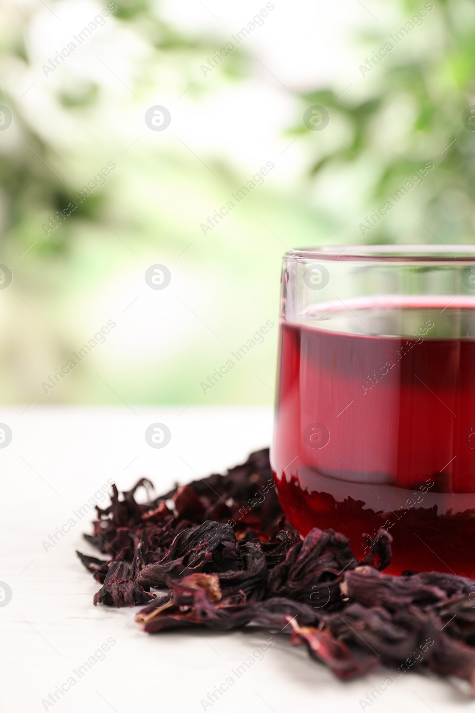 Fresh Hibiscus tea on white table against blurred background, closeup. Space for text Photo of Fresh Hibiscus tea on white table against blurred background, closeup. Space for text