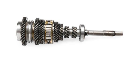 New gearbox secondary shaft on white background Photo of New gearbox secondary shaft on white background