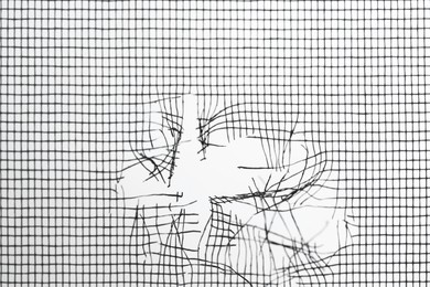 Torn window screen against white background, closeup Photo of Torn window screen against white background, closeup