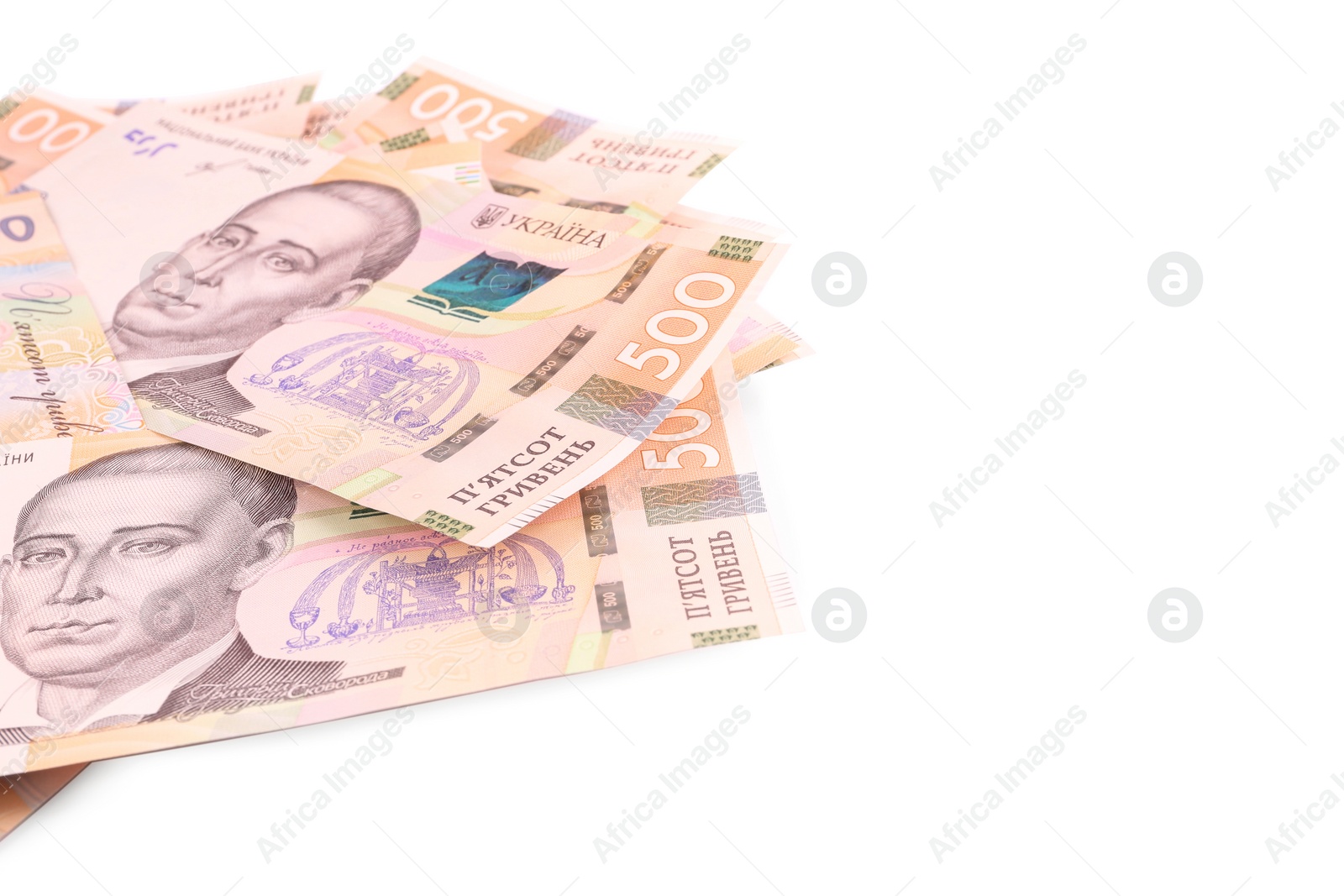 500 Ukrainian Hryvnia banknotes on white background Photo of 500 Ukrainian Hryvnia banknotes on white background