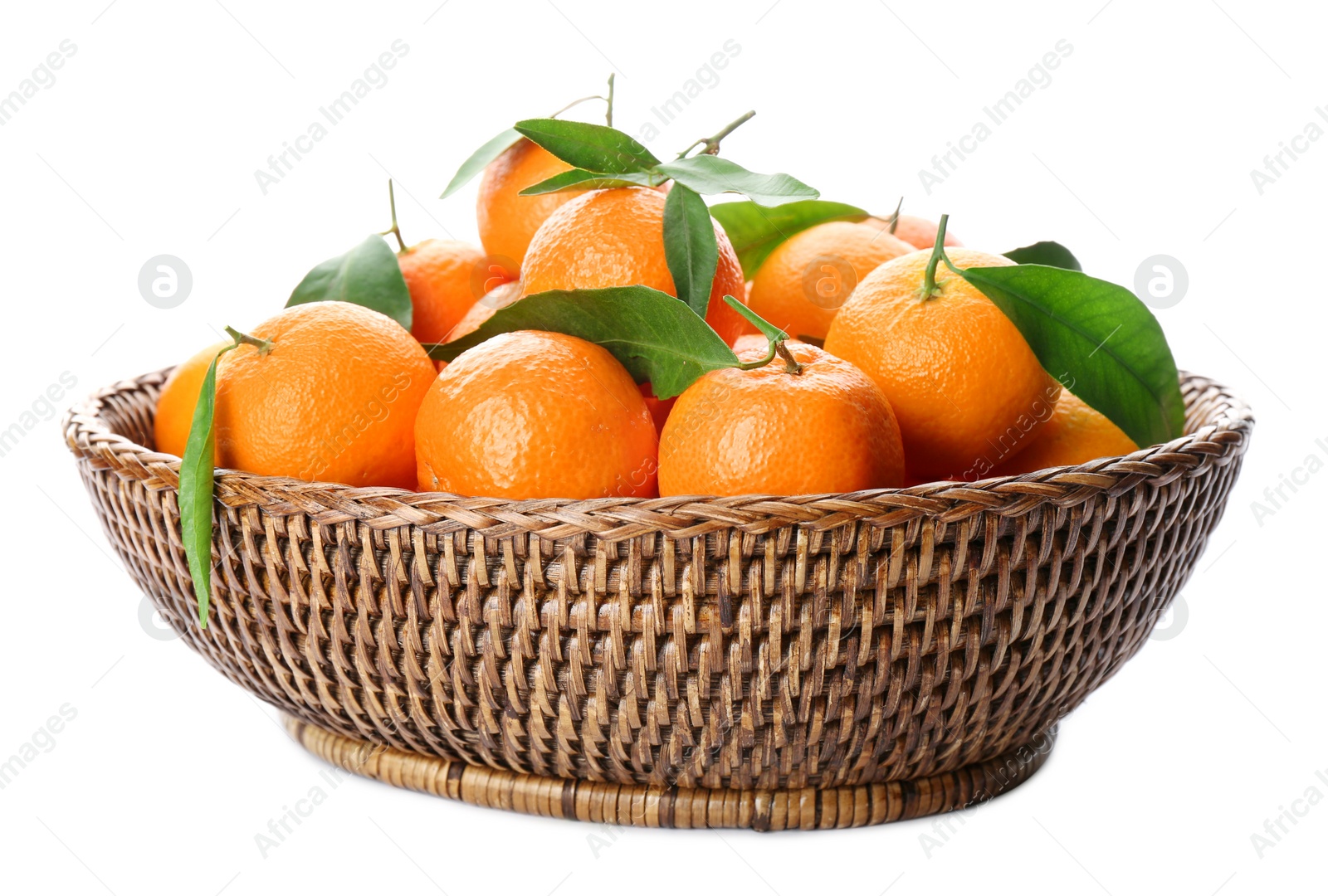 Fresh tangerines in wicker bowl on white background Photo of Fresh tangerines in wicker bowl on white background