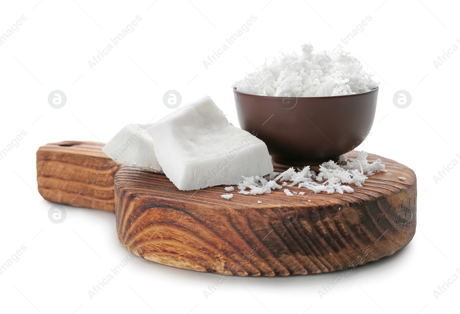 Composition with fresh coconut flakes on white background Photo of Composition with fresh coconut flakes on white background