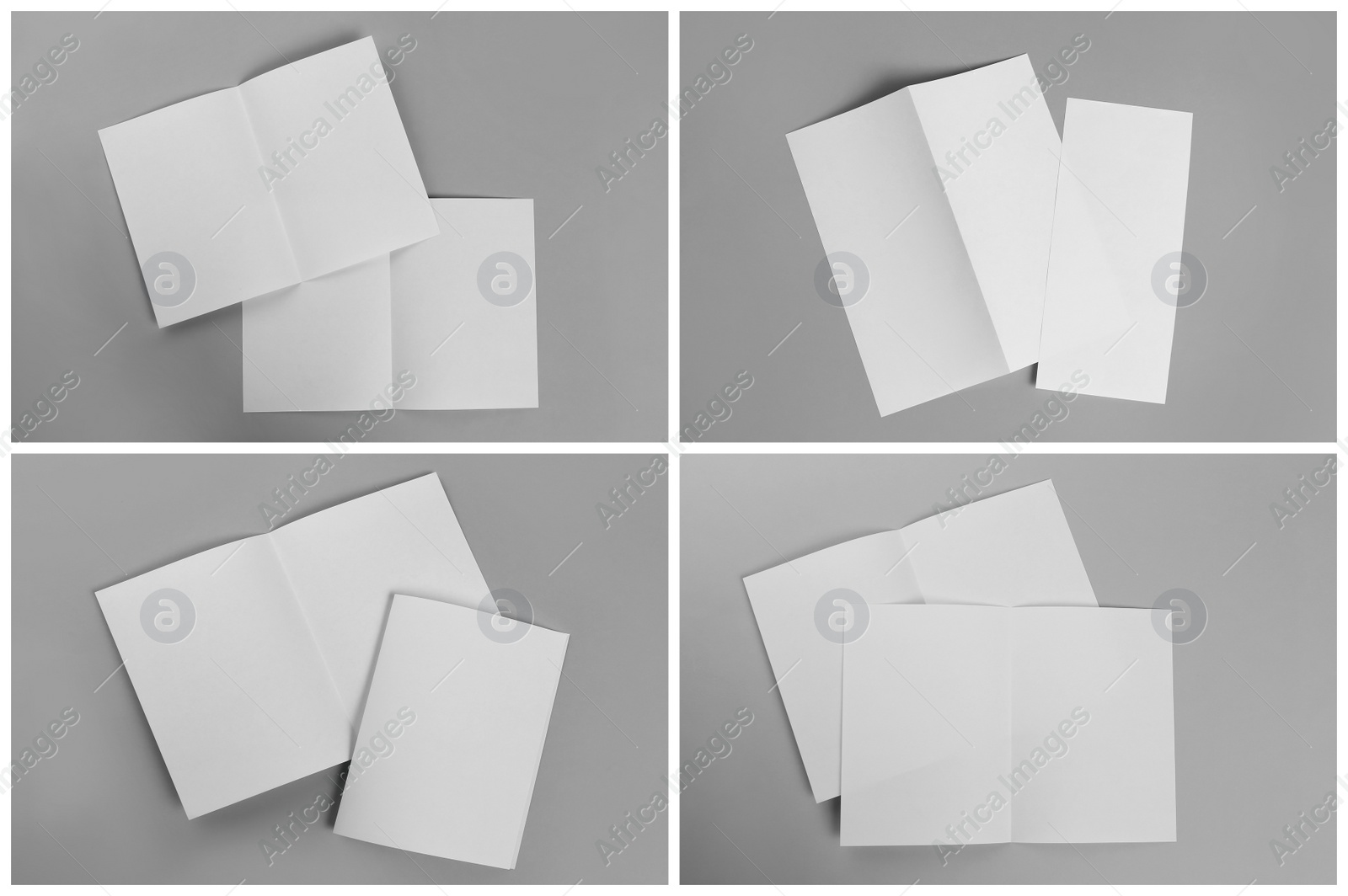 Open blank brochures on grey background, top view. Collage Image of Open blank brochures on grey background, top view. Collage