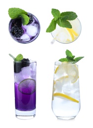 Refreshing lemonade drinks made with soda water on white background, top and side view Image of Refreshing lemonade drinks made with soda water on white background, top and side view
