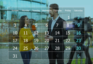 Double exposure of calendar and journalist interviewing woman outdoors. Personal schedule Image of Double exposure of calendar and journalist interviewing woman outdoors. Personal schedule