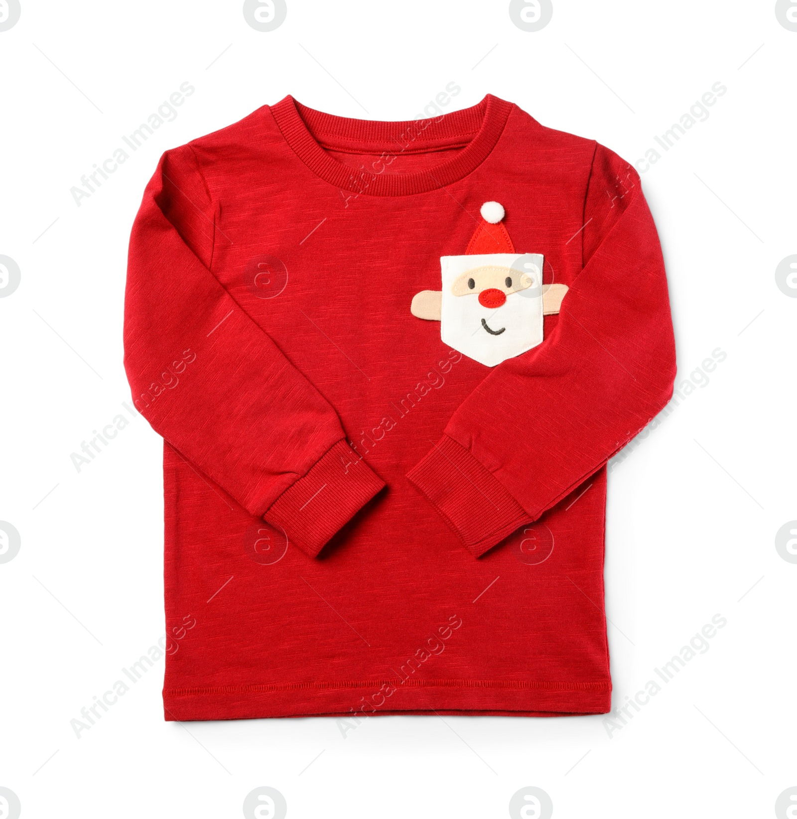 Red jumper with Santa Claus face isolated on white, top view. Christmas baby clothes Photo of Red jumper with Santa Claus face isolated on white, top view. Christmas baby clothes
