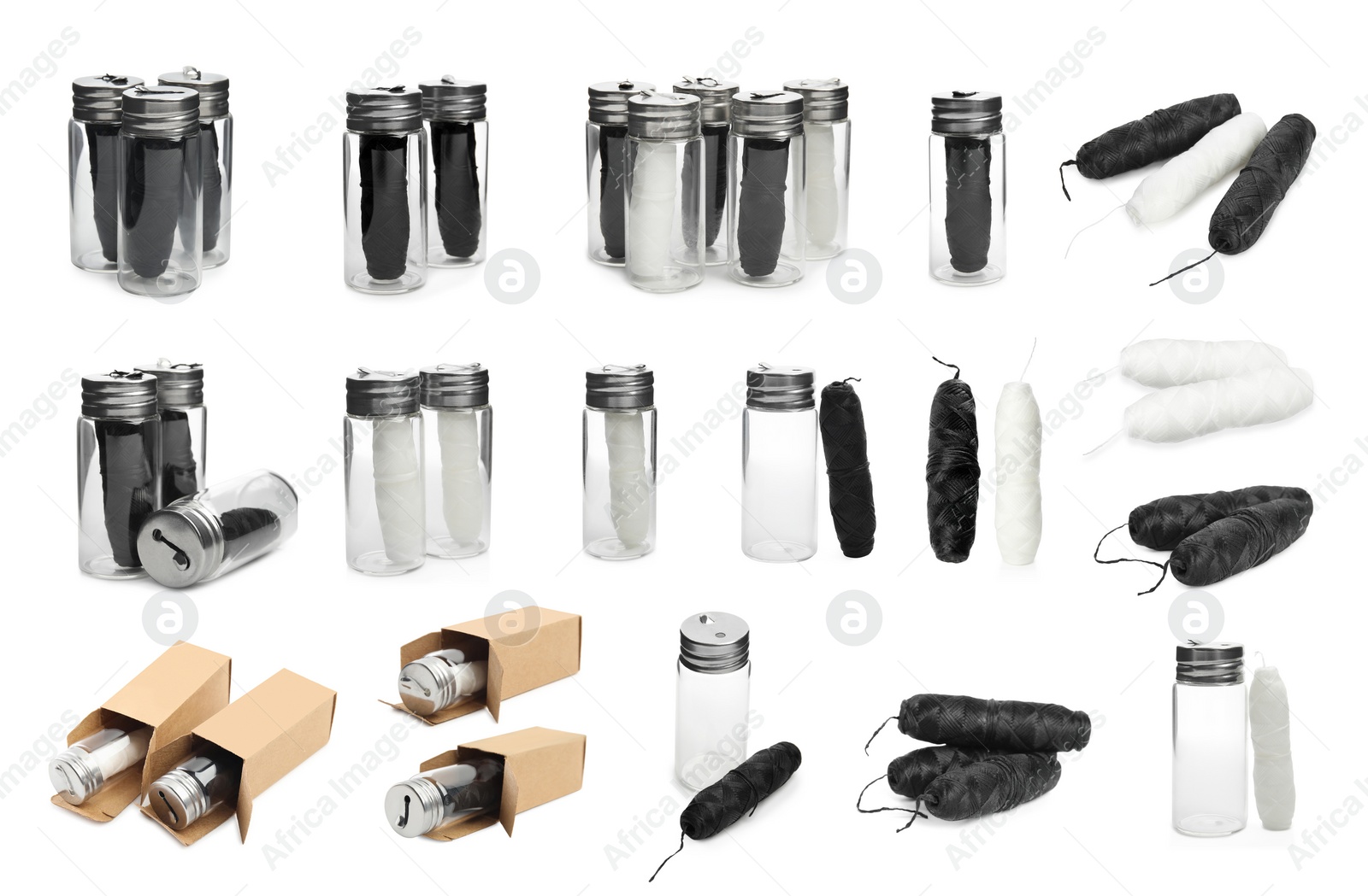 Image of Set with rolls of natural dental floss on white background