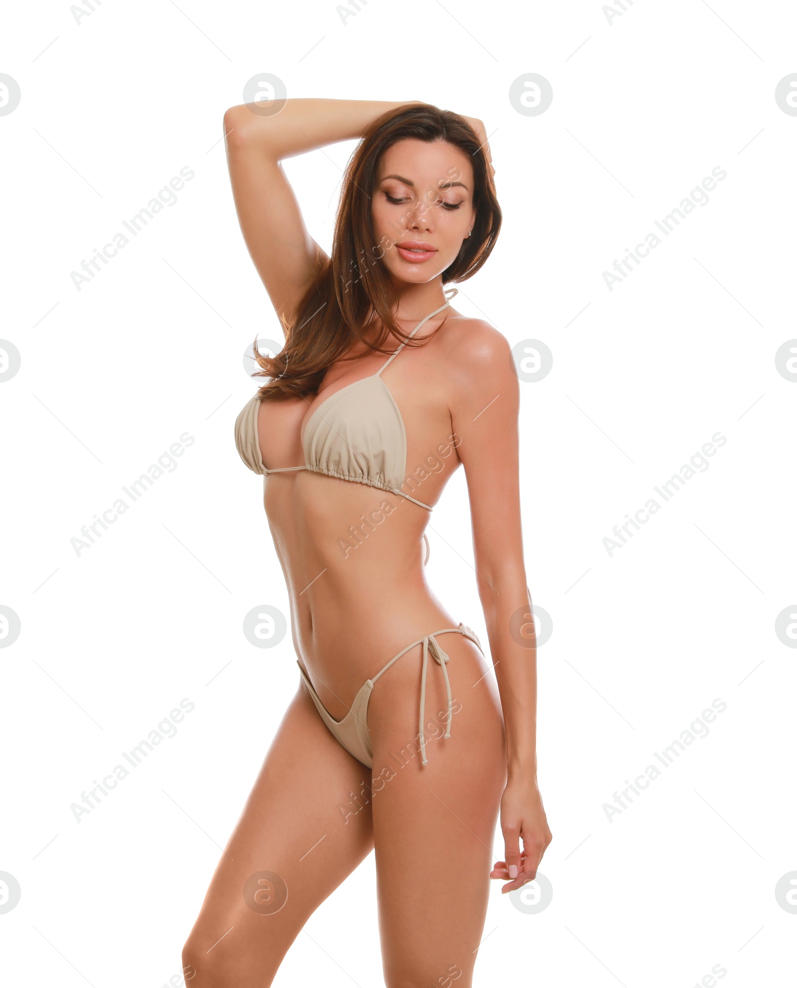 Beautiful woman in stylish bikini on white background Photo of Beautiful woman in stylish bikini on white background