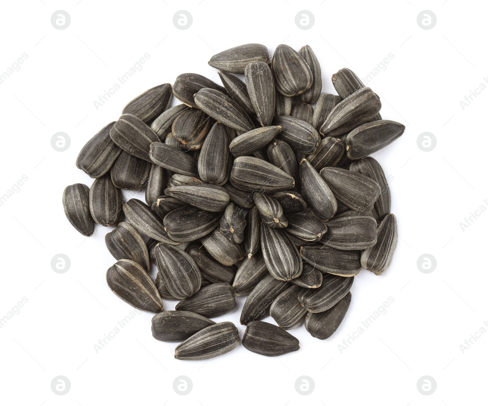 Raw sunflower seeds on white background, top view Photo of Raw sunflower seeds on white background, top view