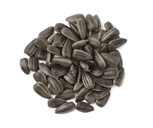 Raw sunflower seeds on white background, top view Photo of Raw sunflower seeds on white background, top view