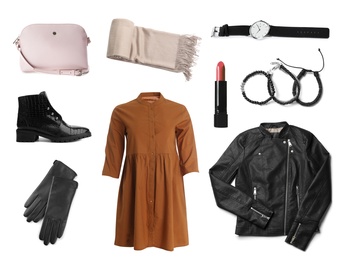 Stylish women's outfit. Collage with modern clothes, gloves and other accessories on white background Image of Stylish women's outfit. Collage with modern clothes, gloves and other accessories on white background