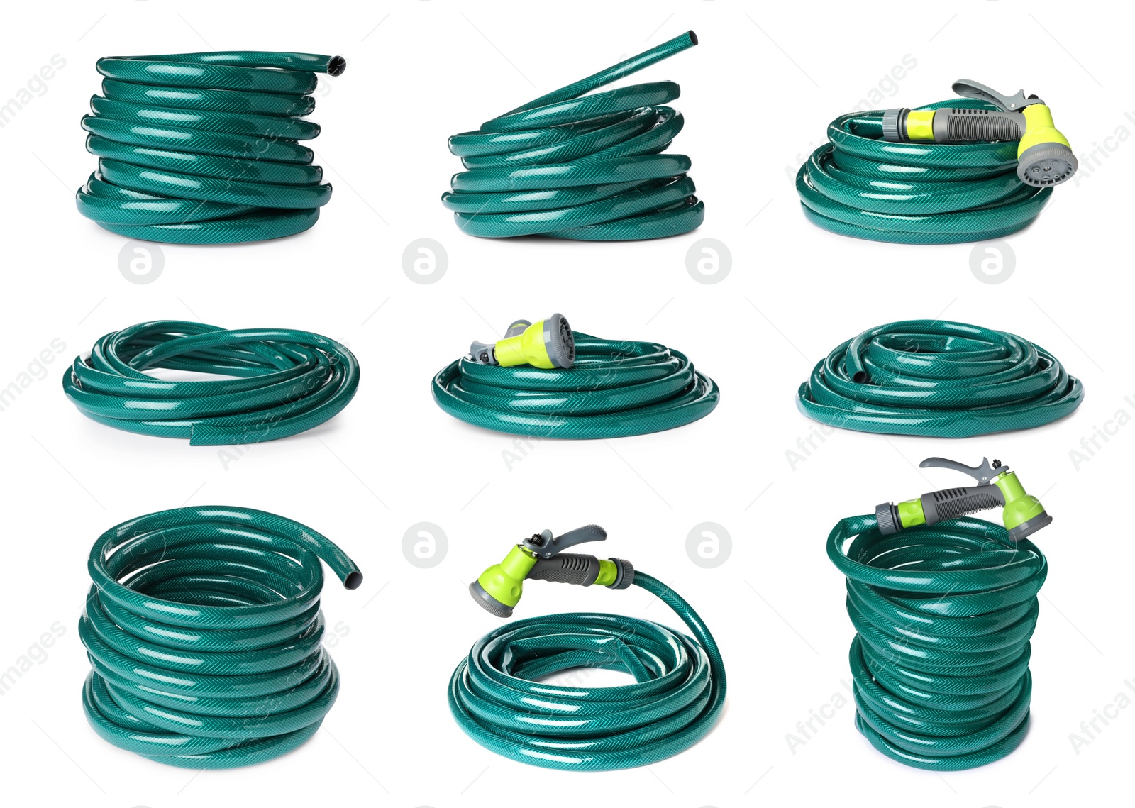 Set with green rubber watering hoses on white background Image of Set with green rubber watering hoses on white background