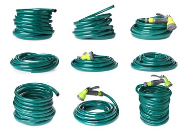 Set with green rubber watering hoses on white background Image of Set with green rubber watering hoses on white background