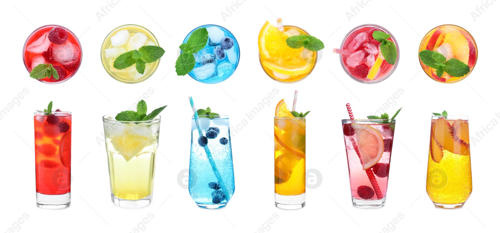 Set of different lemonade drinks made with soda water on white background, top and side view. Banner design Image of Set of different lemonade drinks made with soda water on white background, top and side view. Banner design