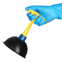 Woman holding plunger on white background, closeup. Toilet cleaning tool Photo of Woman holding plunger on white background, closeup. Toilet cleaning tool