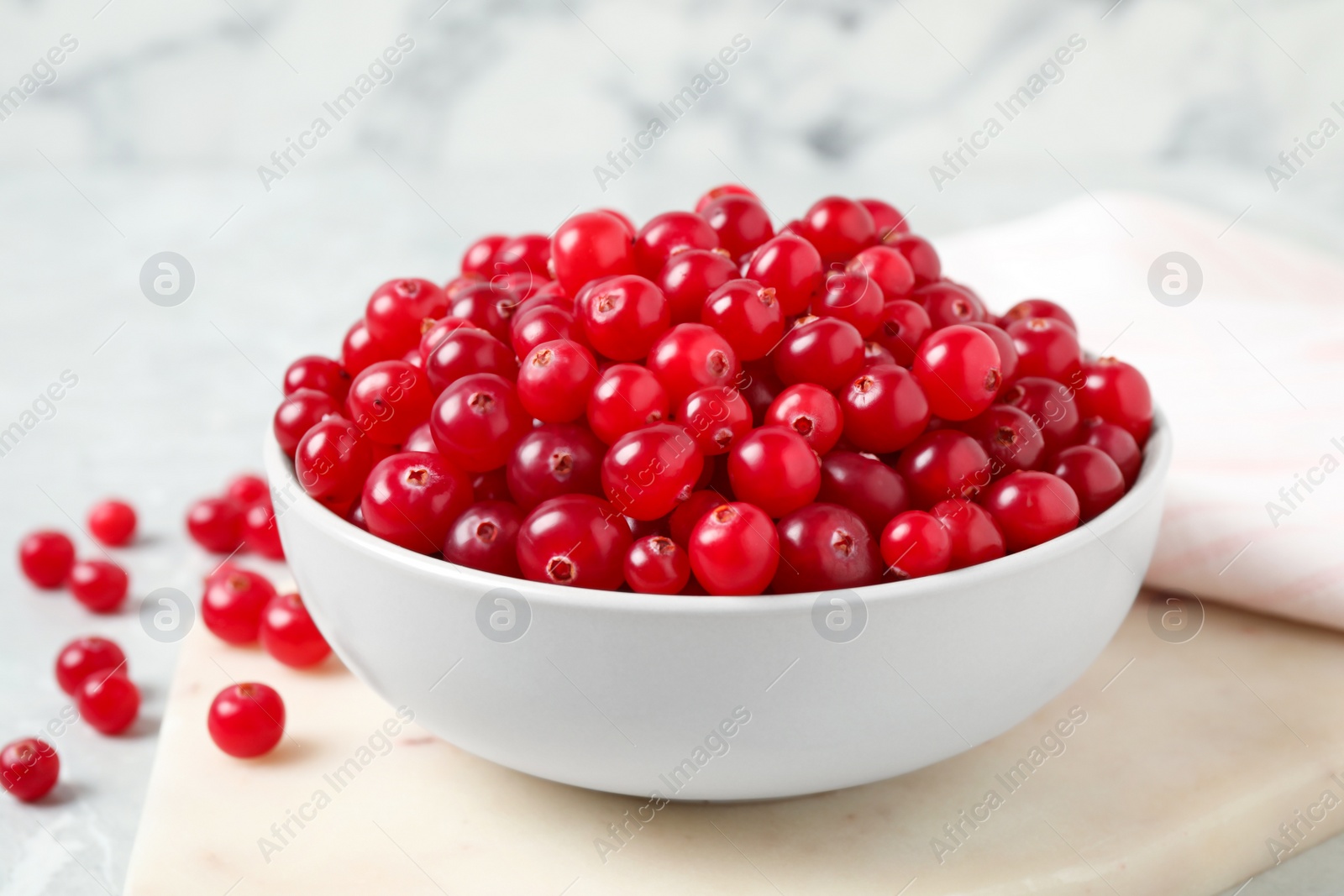 Tasty ripe cranberries on white marble board, closeup Photo of Tasty ripe cranberries on white marble board, closeup