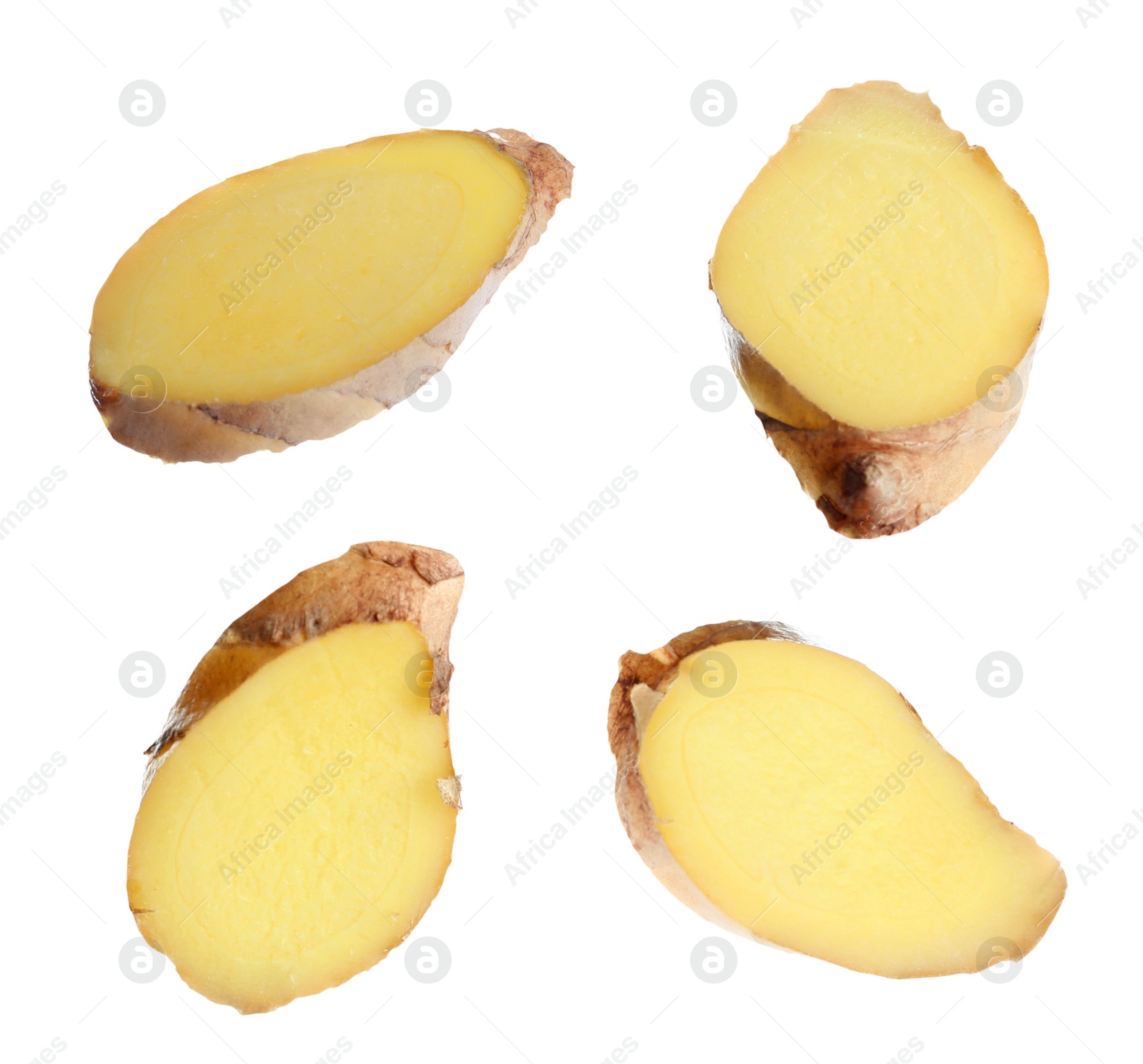 Set of fresh ginger slices on white background Image of Set of fresh ginger slices on white background